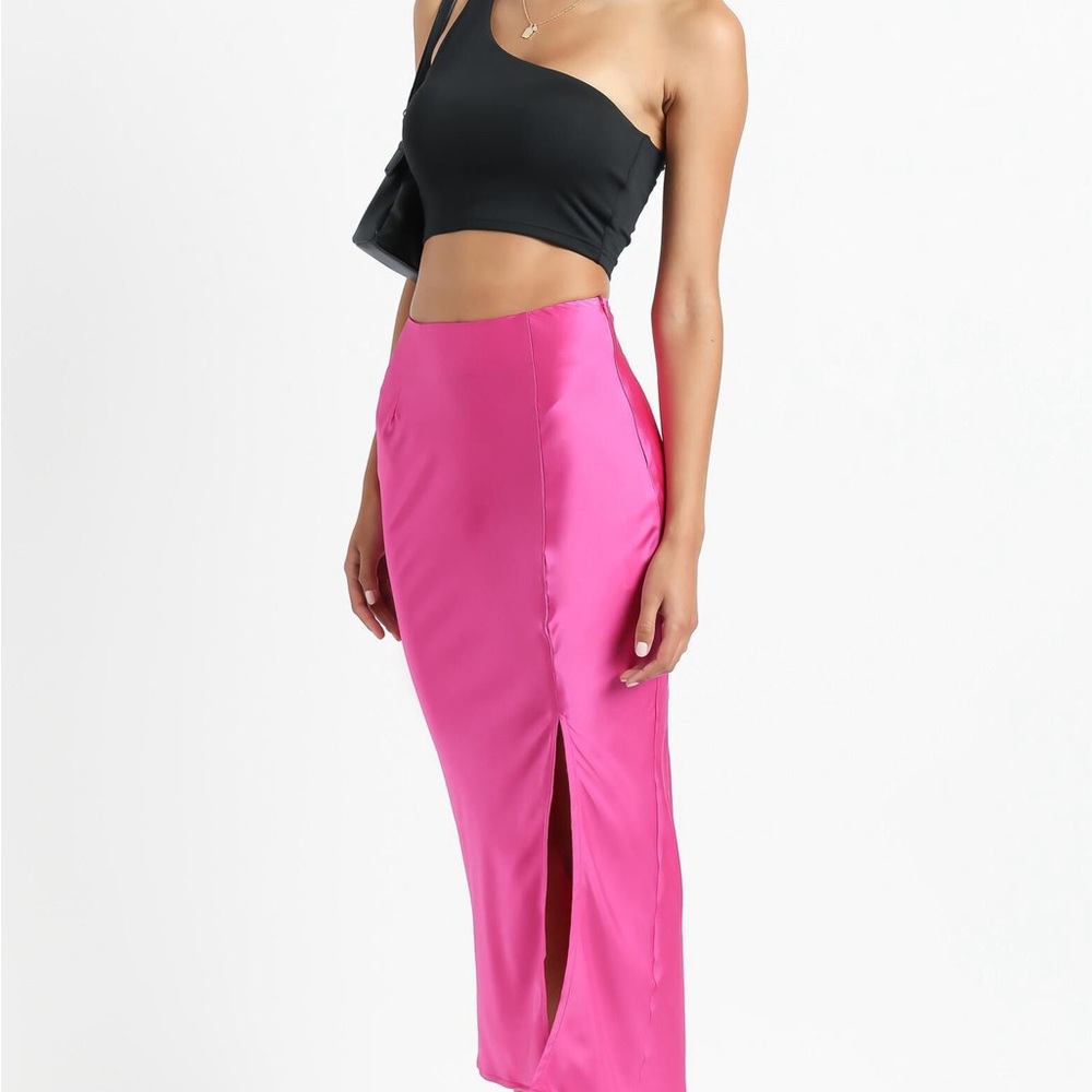 Elegant Pink Satin Midi Skirt